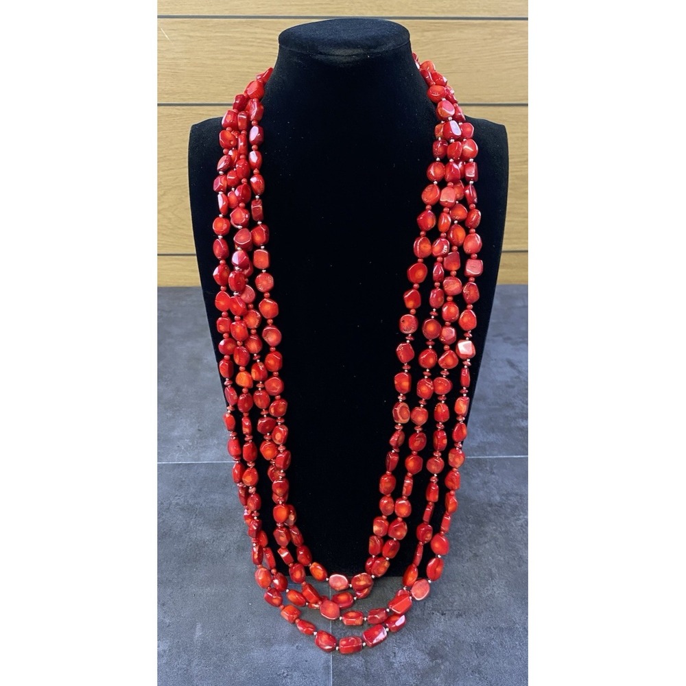 Lucas Lameth .925 Long Red Coral 4 Strand Necklace w/ Silver & Red Beads16" Long
